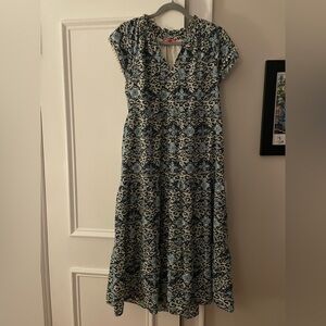 Blue Patterned V-Neck Women's Dress